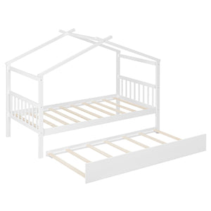English Elm Twin House Bed Solid Pine Cottage Frame with Pull Out Trundle for Kids Bedroom White N708P309238K