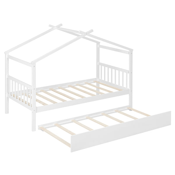 English Elm Twin House Bed Solid Pine Cottage Frame with Pull Out Trundle for Kids Bedroom White N708P309238K