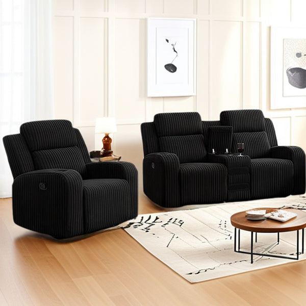 English Elm 1+2 Corduroy Reclining Sofa Set with Bluetooth Speaker and Wireless Charging Console W3900S00019