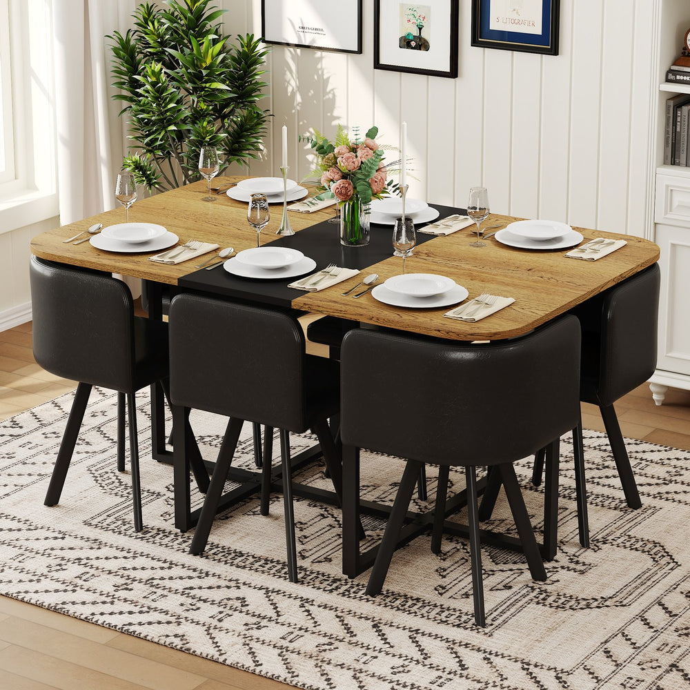English Elm 7-piece Rectangular Dining Set Seats 6 with Faux Leather Chairs and Melamine Top Black,Wood W3875S00112