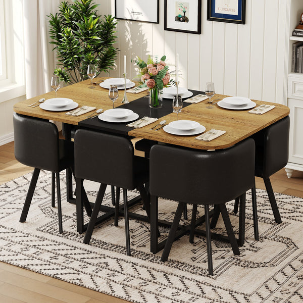 English Elm 7-piece Rectangular Dining Set Seats 6 with Faux Leather Chairs and Melamine Top Black,Wood W3875S00112