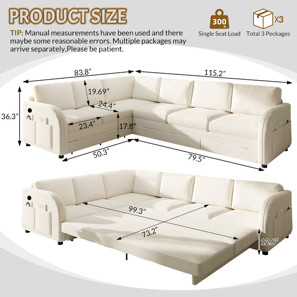 English Elm 115.2" Oversized Teddy Fabric Sectional Sleeper Sofa with Usb Ports and Modular Chaise Beige+White W1885S00316