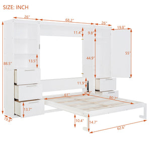 English Elm Queen Murphy Wall Bed with Wardrobe Drawers and Shelves for Studio or Guest Room White LP000865AAK-2