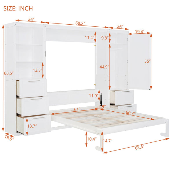 English Elm Queen Murphy Wall Bed with Wardrobe Drawers and Shelves for Studio or Guest Room White LP000865AAK-2