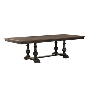 English Elm Traditional Trestle Dining Set Oak Walnut Veneer Table Four Nailhead Upholstered Chairs B011S00923