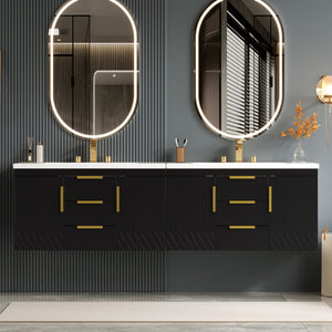 English Elm 72'' Wall Mounted Bathroom Vanity with 4 Drawers & Double Cabinets, Waterproof MDF, Smooth Slide Rails Black N710SS00009B