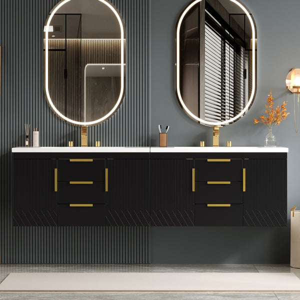 English Elm 72'' Wall Mounted Bathroom Vanity with 4 Drawers & Double Cabinets, Waterproof MDF, Smooth Slide Rails Black N710SS00009B