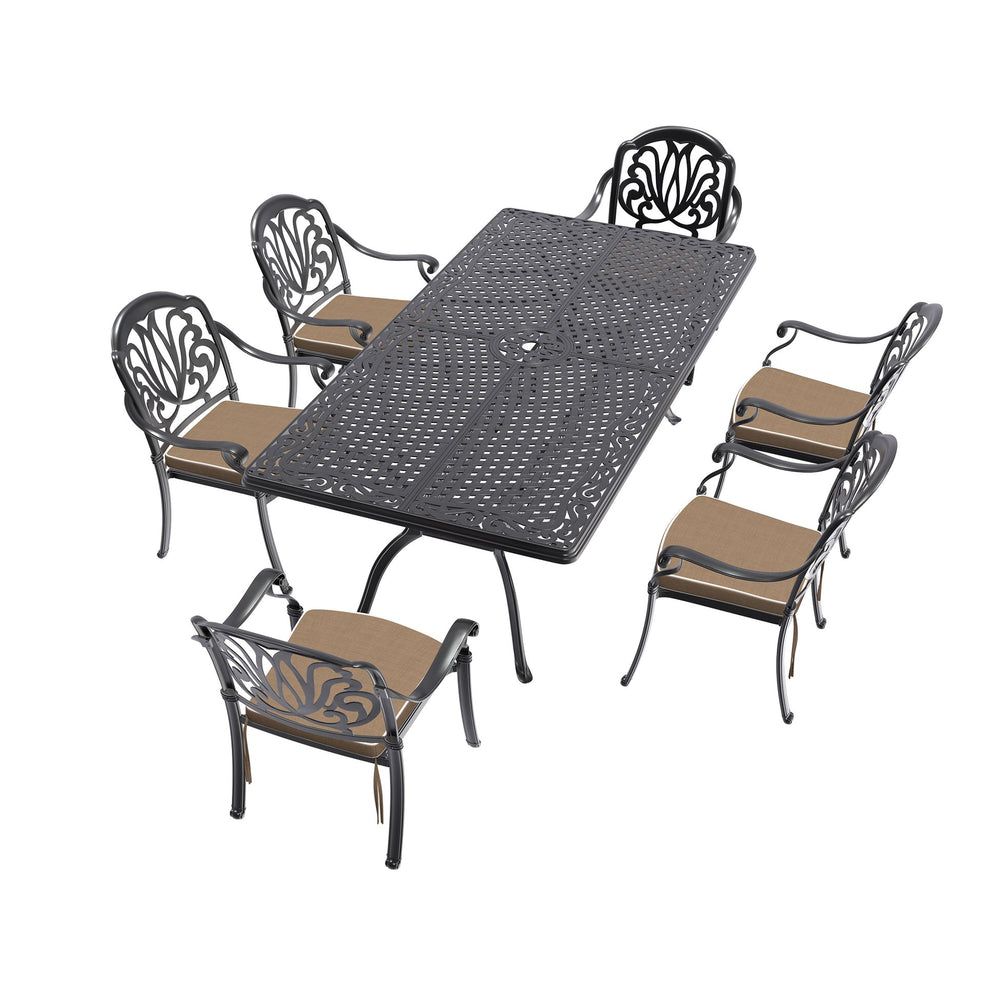 English Elm 7-Piece Cast Aluminum Patio Furniture Set With Brown Cushions - Stylish, Durable & Comfortable Outdoor Dining W1710S00498