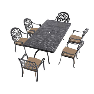 English Elm 7-Piece Cast Aluminum Patio Furniture Set With Brown Cushions - Stylish, Durable & Comfortable Outdoor Dining W1710S00498