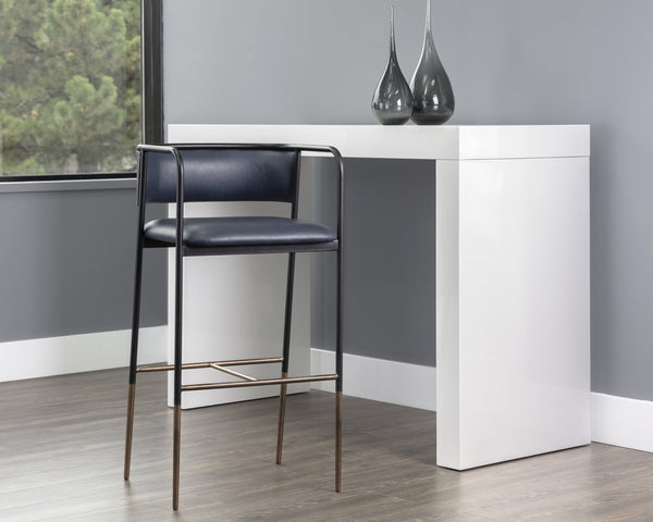 Sunpan Brenan Counter Stool - Elegant Curved Backrest, Unique Faux Leather, Black Metal Frame & Brass Caps Bravo Admiral