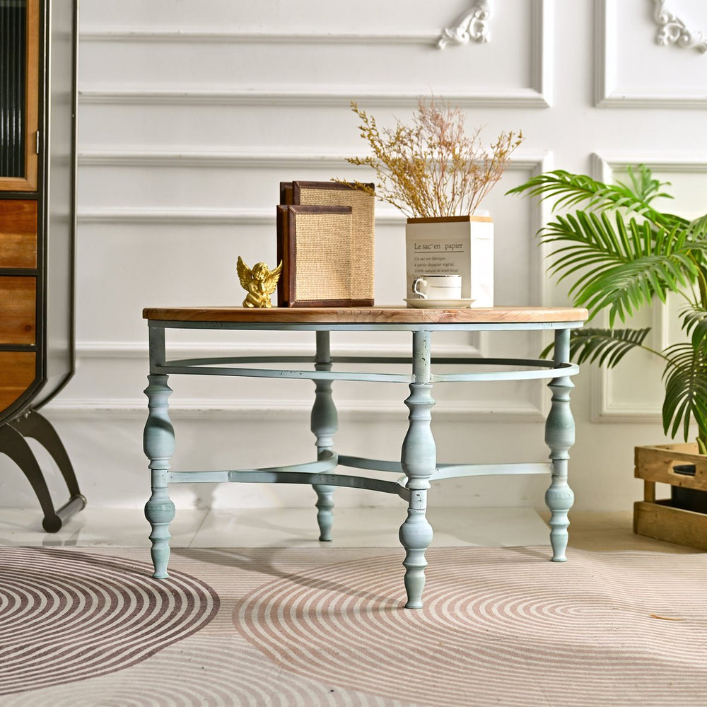 English Elm 31.50" Hand-carved Distressed Wood Round Coffee Table with Metal Legs for Living Room W3933P379162