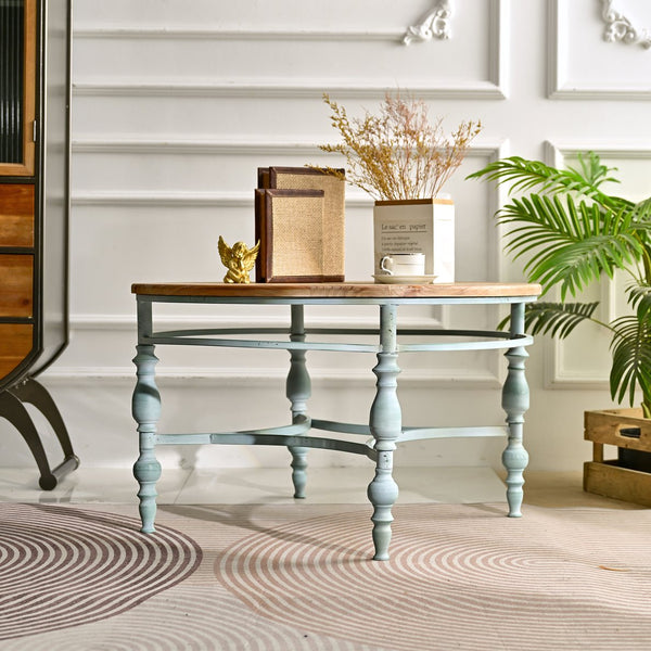English Elm 31.50" Hand-carved Distressed Wood Round Coffee Table with Metal Legs for Living Room W3933P379162