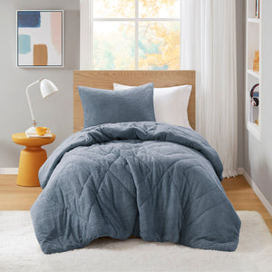 JLA Home Comfort Spaces - Double Diamond Plush Teddy Comforter Set with Double Diamond Quilting, Oeko-Tex, All-Season Cozy Luxury Blue AM10-0262