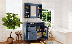 English Elm 36'' Modern Bathroom Vanity with Mirror Cabinet and Sink, Spacious Storage, Soft-Close Doors & Drawers Blue SW000134AAC-3
