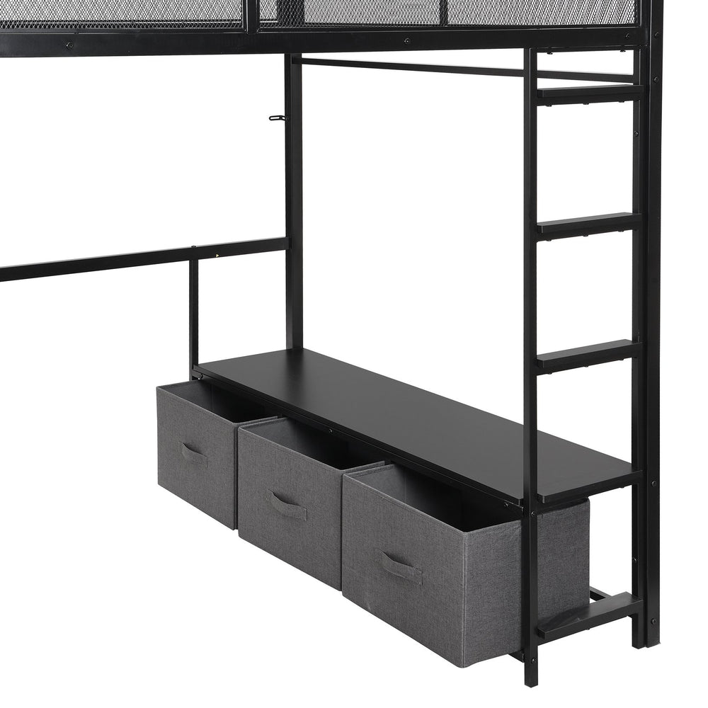 English Elm Full Metal Gaming Loft Bed with LED Lighting, Built-In Desk, Open Wardrobe and 3 Drawers for Space-Saving Comfort Black GX001133AAB