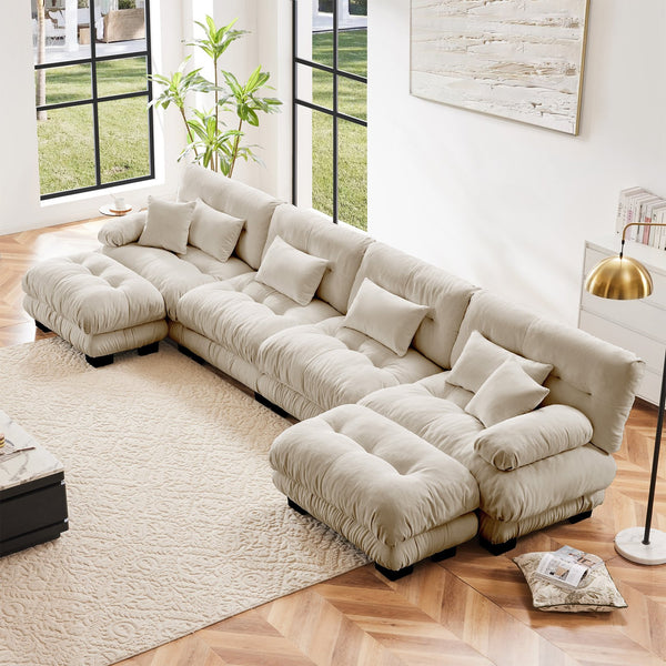 English Elm Free Modular U-Shaped Sectional Sofa With 2 Ottomans – Cozy Light Coffee Chenille 4-Seater Couch W714S01033