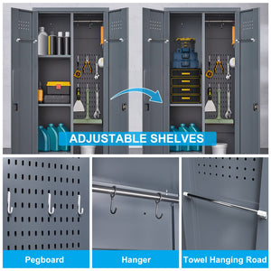 English Elm Broom and Mop Steel Utility Cabinet with Locking Doors Hanging Rod Adjustable Shelves T3625P372657