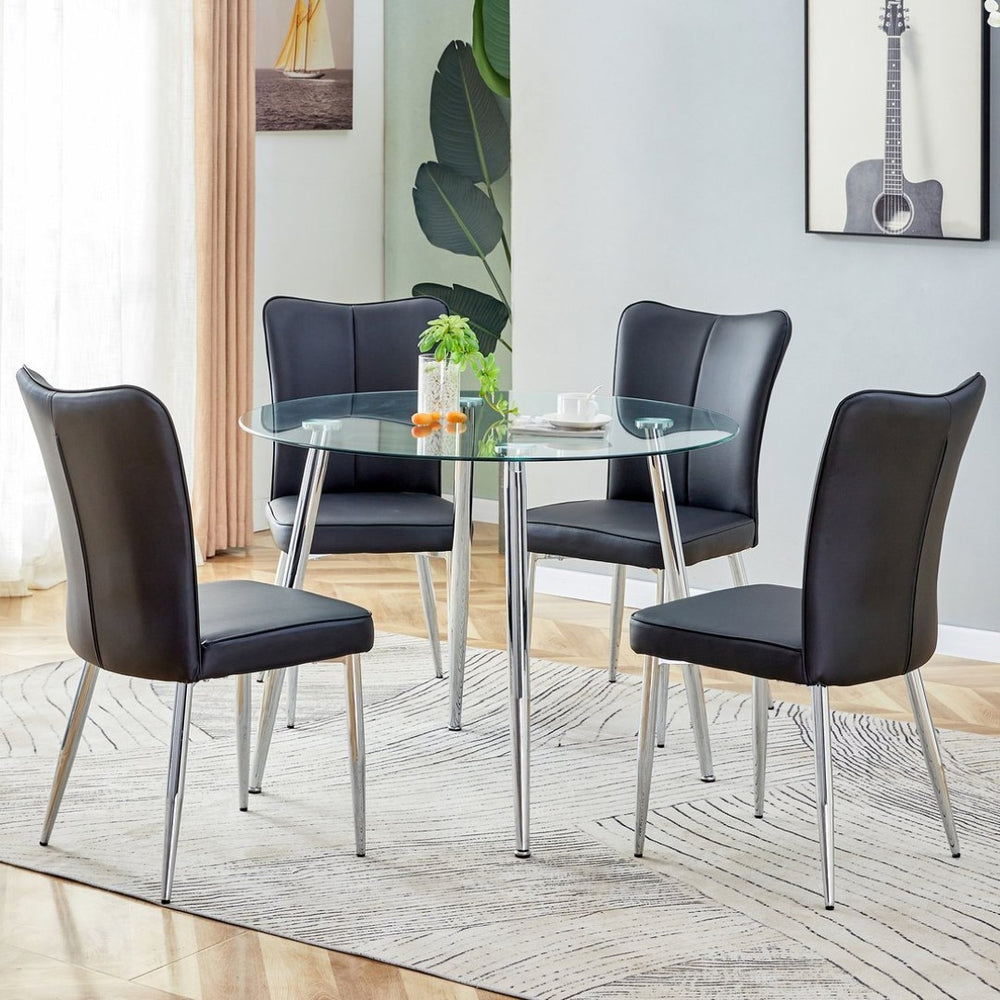 English Elm Table And Chair Set - Modern 38.6" Glass Dining Table With Silver Legs & 4 Stylish Black Pu Chairs W1151S03821-GIGA