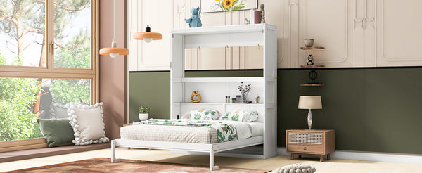 English Elm Queen Murphy Wall Bed with Integrated Shelving Foldable Mdf Cabinet for Guest Rooms White LP000693AAK-3