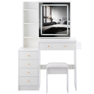 English Elm 37" Stylish Vanity Table Set With Cushioned Stool, Led Mirror, Usb Ports & Hair Dryer Stand - Perfect For Modern Bedrooms! W936P224319