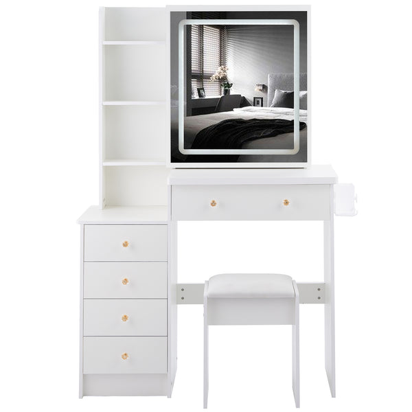 English Elm 37" Stylish Vanity Table Set With Cushioned Stool, Led Mirror, Usb Ports & Hair Dryer Stand - Perfect For Modern Bedrooms! W936P224319