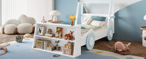 English Elm Twin Pine Treehouse Floor Bed with Padded Rails and Cabin Roofline for Kids White+Blue W1580S00470