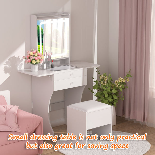 English Elm Vanity Set with Led Mirror Tempered Glass Top Foldable Tables and Stool for Bedroom W3767P441924