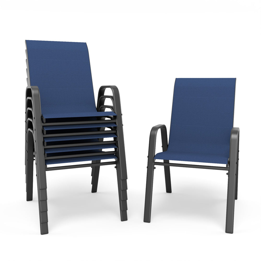 English Elm 7-piece Outdoor Dining Set with Wood-grain Steel Table Umbrella Hole Six Ergonomic Chairs Black,Navy Blue W3979S00044