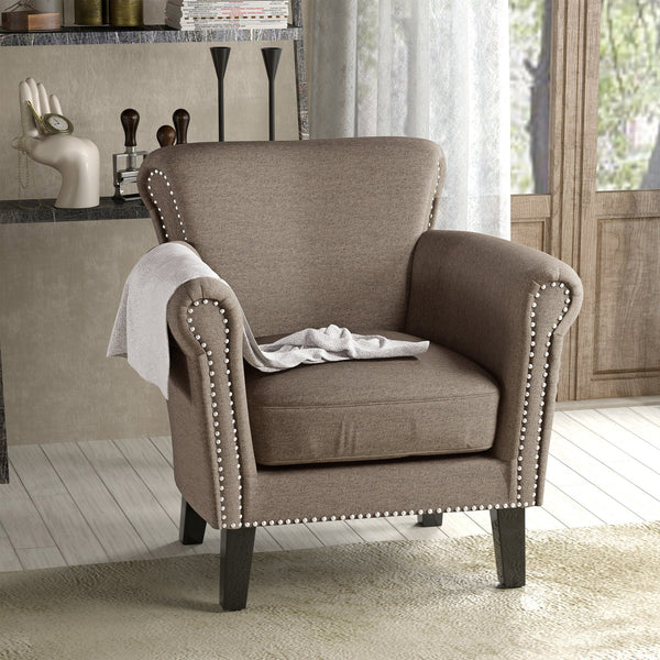 English Elm Christopher Knight Home® - CLUB Chair with Curved Silhouette and Nailhead Trim — Upholstered Luxury Accent Seat with Birch Legs Light Coffee 31.5 L x 24.75 W x 23 H 60841.00LCOF