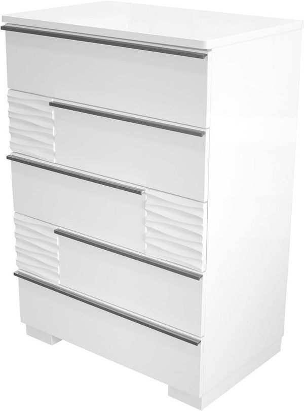 English Elm Modern 5-Drawer Chest White Lacquer Finish – High Gloss Poplar & Engineered Wood, Smooth Metal Rails, Spacious Storage 30.5"W x 44"H B011P353744