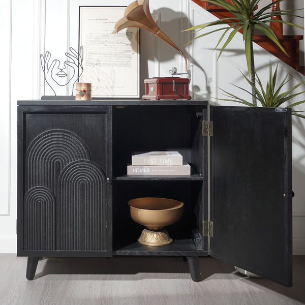 English Elm Modern Black Wood Storage Cabinet - 31In Accent Piece With Embossed Door For Stylish Organization W2729P239176
