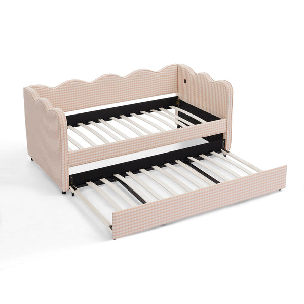 English Elm Cozy Twin Gingham Daybed with Trundle Sofa Bed, Linen Upholstery, USB Port, Wave Frame Design Pink W1413S00099