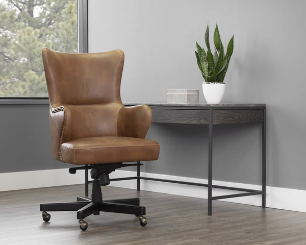 Sunpan Hubert Regal Office Chair - Wingback Design in Tobacco Tan Faux Leather with Black Birch Base