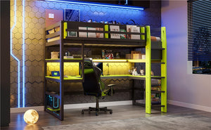 English Elm Twin Loft Bed with Rgb Lighting Usb Ports Wraparound Shelves and Gaming Desk Green LT000298AAF