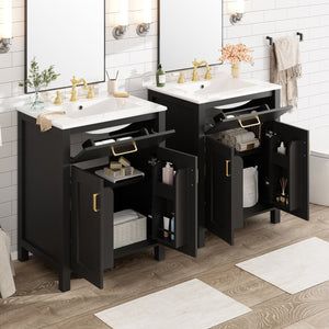 English Elm Modern 48 Inch Freestanding Bathroom Vanity Dual Ceramic Sinks Soft Close Gold Handles Black N729P000008B