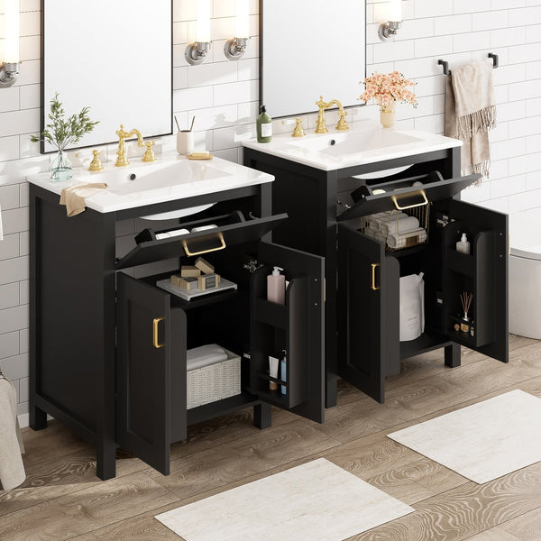 English Elm Modern 48 Inch Freestanding Bathroom Vanity Dual Ceramic Sinks Soft Close Gold Handles Black N729P000008B