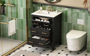 English Elm 24'' Bathroom Vanity with Ceramic Sink and 3 Drawers Retro Solid Wood Frame Freestanding Storage Black N710P371184B