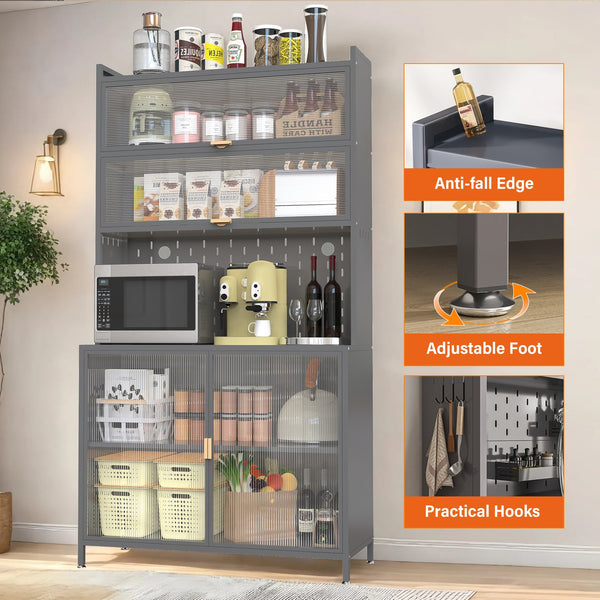 English Elm 73'' Tall 6-Tier Steel Pantry Cabinet with Flip Door & Pegboard, Adjustable Shelves, Anti-Tip Storage Grey W3387P306357