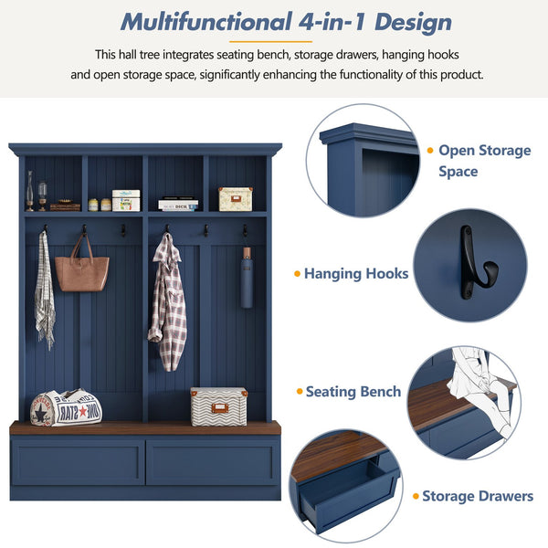 English Elm Rattan Door Hall Tree Bench with 6 Hooks Farmhouse Entryway Storage Blue N721S000076C