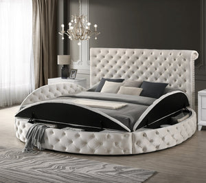 English Elm Luxurious Round Queen Bed with Velvet Tufted Headboard, Studded Accents and Hidden Storage Space Ivory 54.75 L x 95.25 W x 8.25 H B011S01647