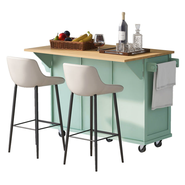 English Elm Kitchen Cart with Drop-Leaf Rubberwood Countertop, Rolling Island with Cabinet, Drawers & Racks for Dining Room - Stylish Durable Storage Solution Mint Green WF298028AAE