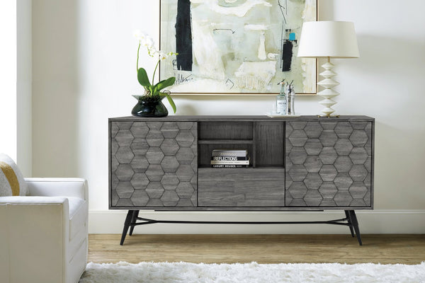 English Elm Makena Solid Acacia Buffet with Carved Honeycomb Doors and Gray Weathered Finish B2736P464857