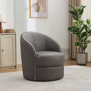 English Elm Gray Top-Grain Leather Swivel Accent Chair with 360° Smooth Spin, Riveted Mid-Century Lounge for Living Room/Office - Durable 150kg Capacity W570P386953