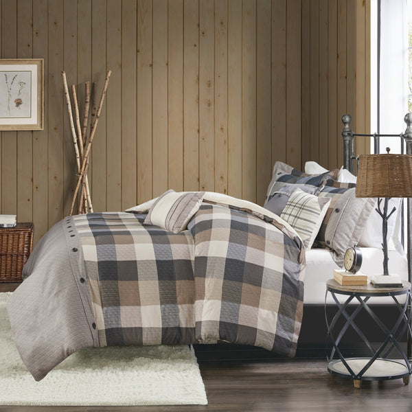 English Elm Full/Queen Ridge 6 Piece Herringbone Duvet Cover Set – Buffalo Plaid Cabin Style with Embroidered Pillows and Corner Ties B03597353