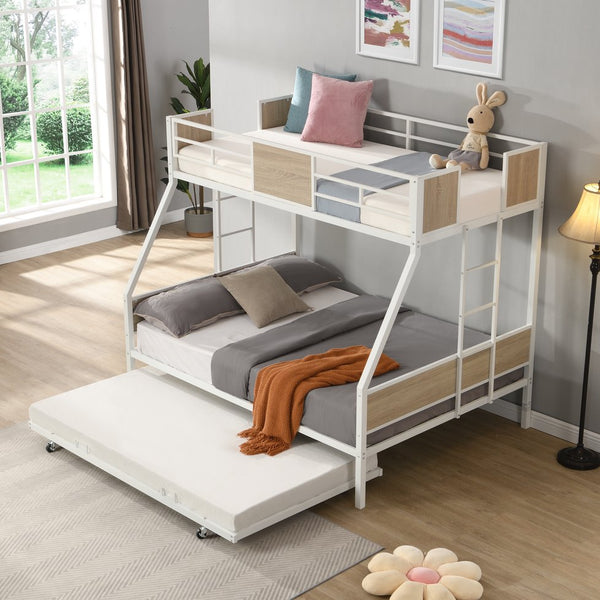 English Elm Twin Over Full Metal Bunk Bed with Trundle, Space-Saving Platform, Built-In Storage & Guardrail Brown+White 80.51 L x 13.98 W x 8.34 H W2297P216479