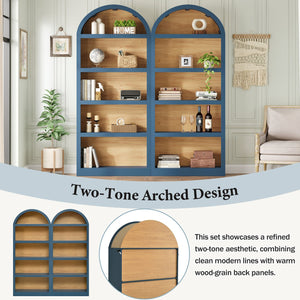 English Elm On-trend Farmhouse Two-tone Bookcase Set Arched Fabric Crown Open 5-tier Shelving Blue N721P411205C