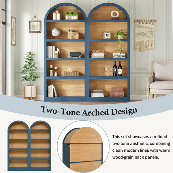 English Elm On-trend Farmhouse Two-tone Bookcase Set Arched Fabric Crown Open 5-tier Shelving Blue N721P411205C