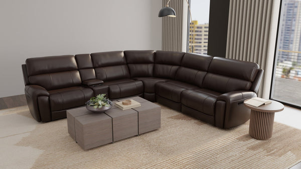 English Elm 6-Piece Performance Fabric Power Reclining Sectional with USB Charging, Hidden Console, Cup Holders Dark Brown B339S00001