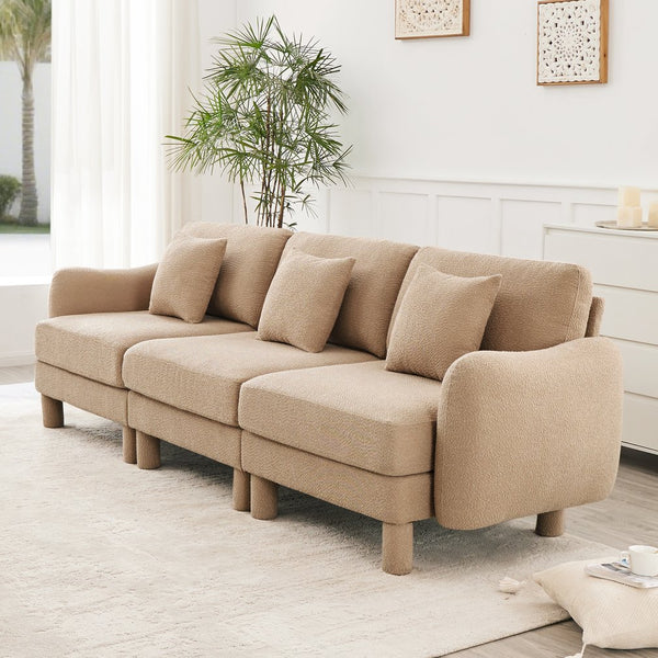 English Elm Boucle 3-Seater Sofa With Sculptural Shell Armrests, Plush Coffee Fabric, And Modern Cylindrical Legs W3041S00284