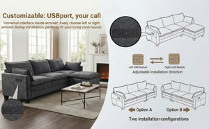 English Elm Modern Chenille Three Seat Sofa with Ottoman Usb Charging Ports and Storage Pockets Black W2519S00002